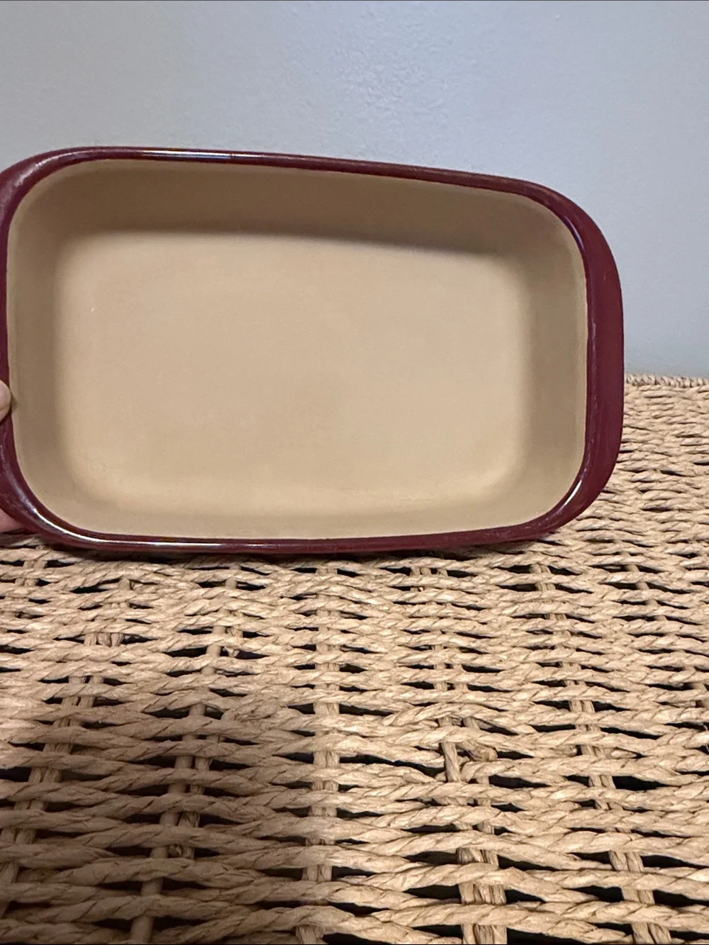 The Pampered Chef Rectangular Ceramic Baking Dish in Red and Cream